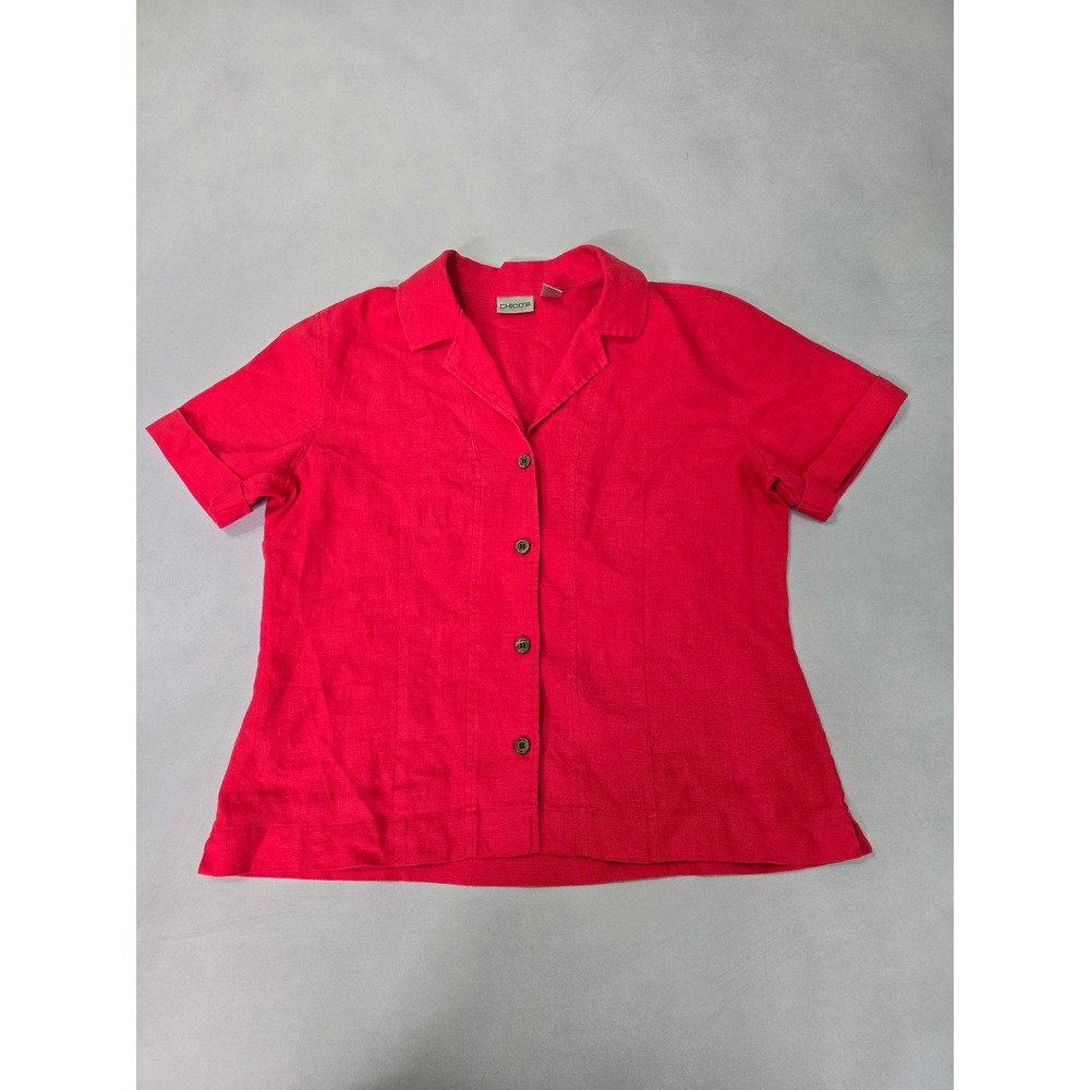 Chico's Red 100% Linen Button Up Top Size 2 Large
